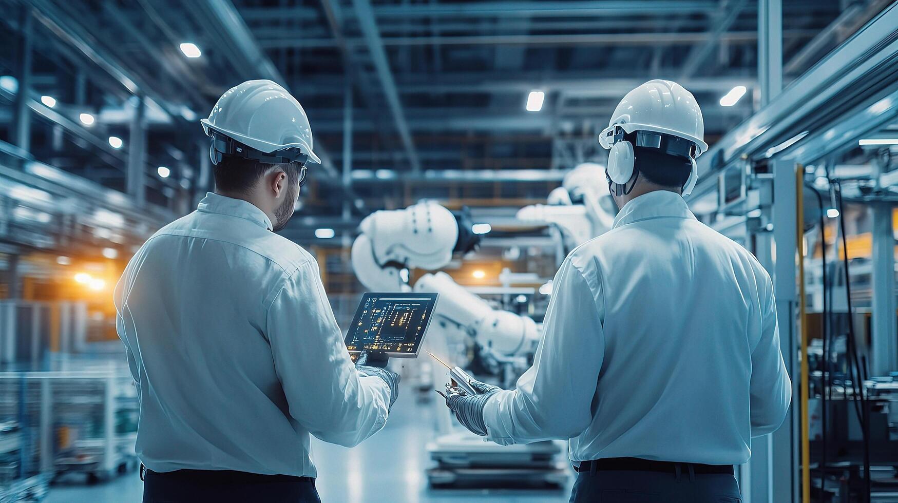 Two men in hard hats looking at a tablet computer photo