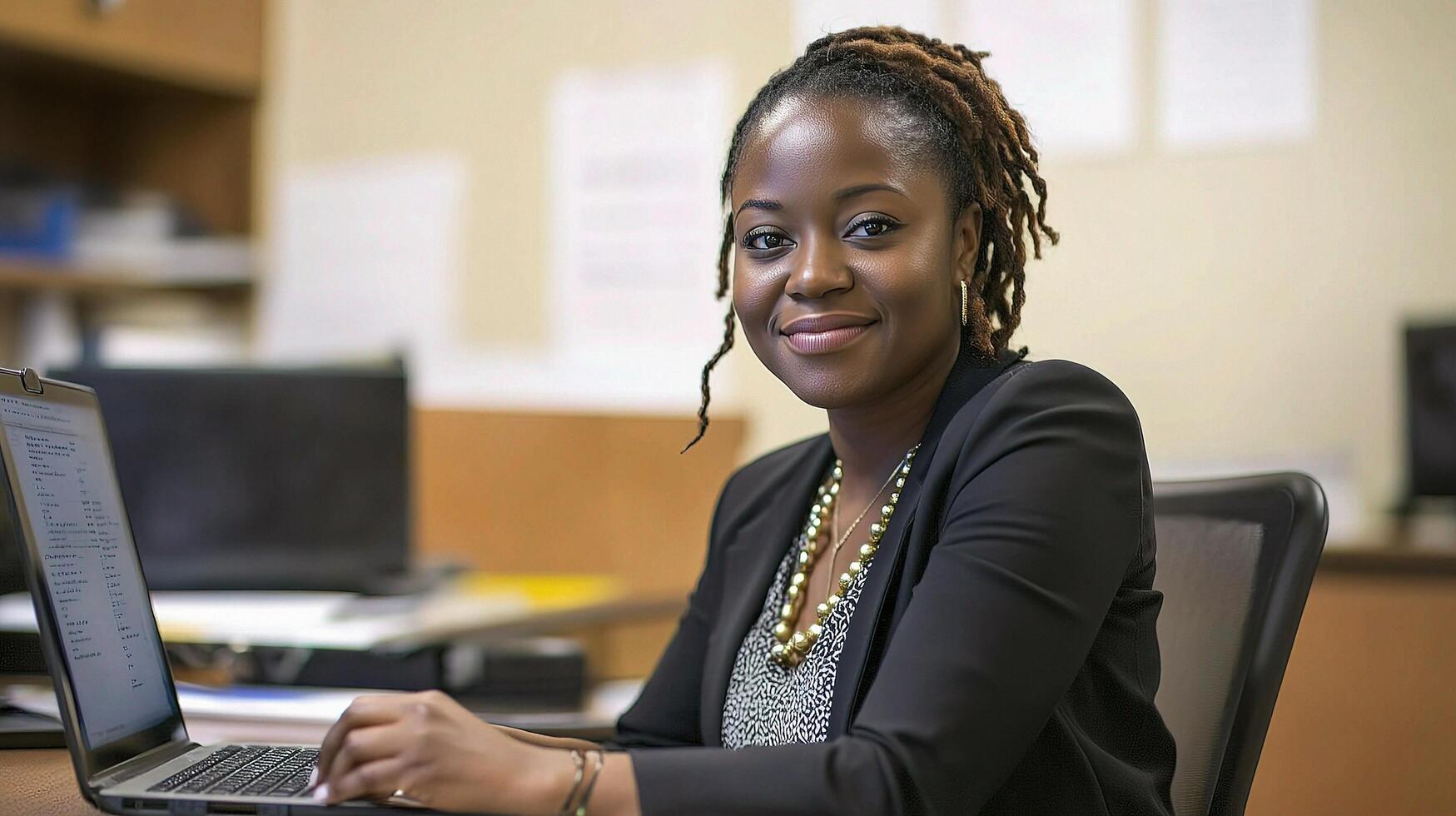 A woman sitting at a desk with a laptop photo