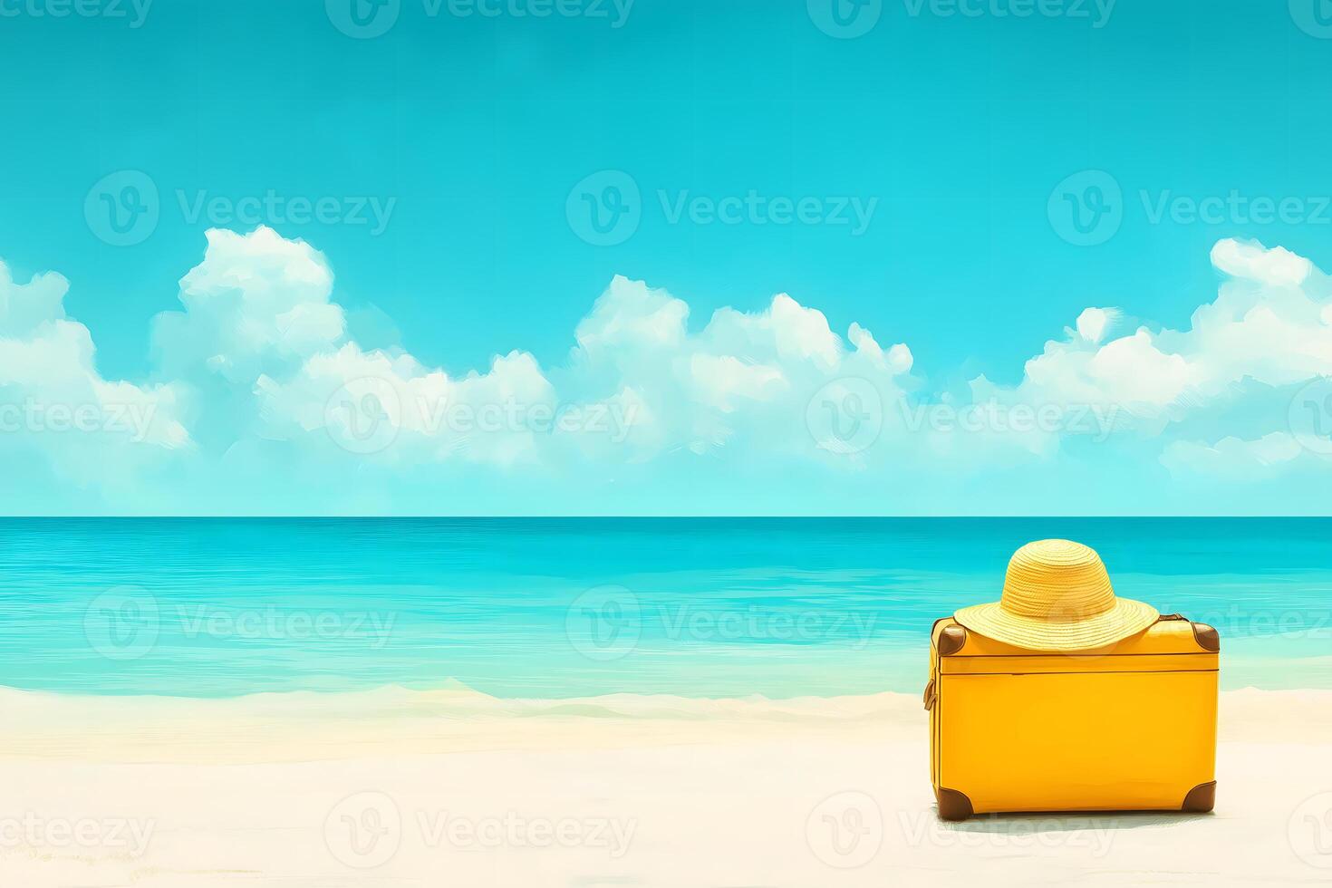 A suitcase on the beach with a hat on it photo