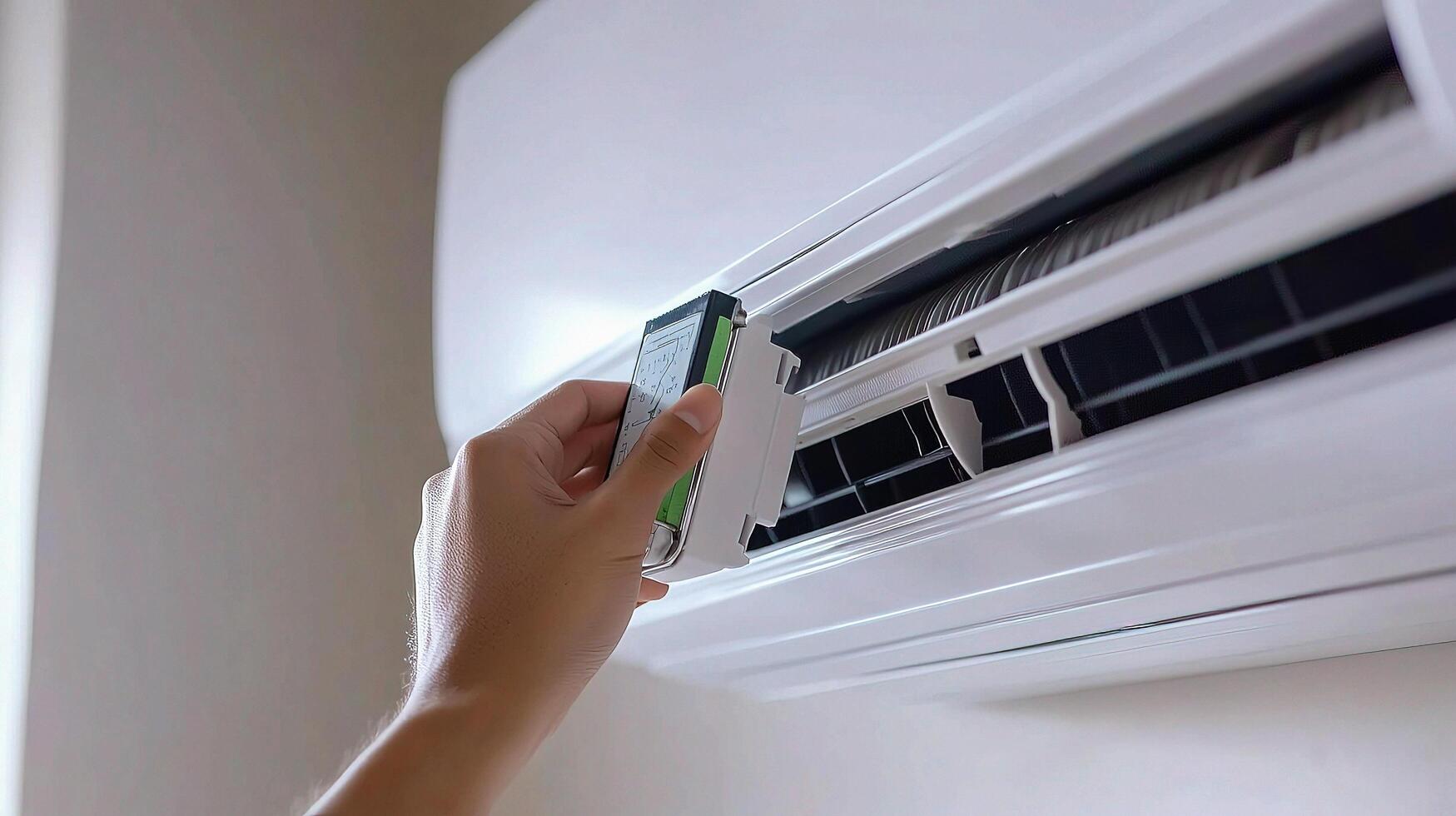 A person is using a remote control to adjust the air conditioner photo