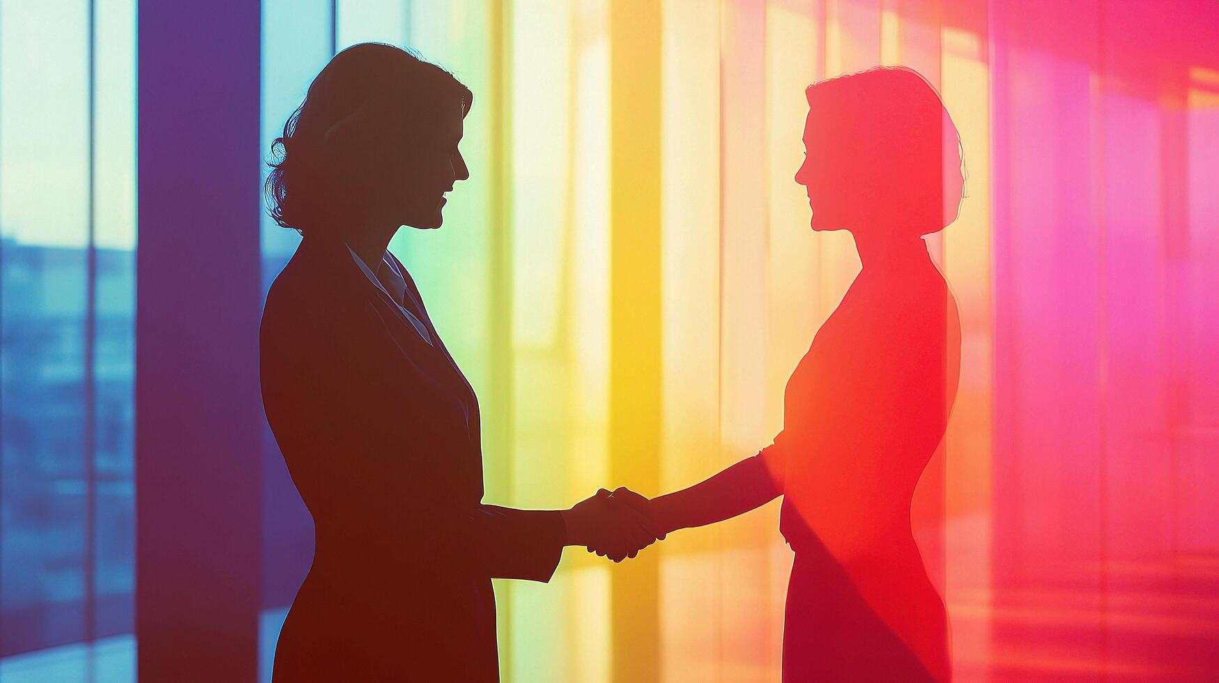 Two people shaking hands in front of a rainbow colored wall photo