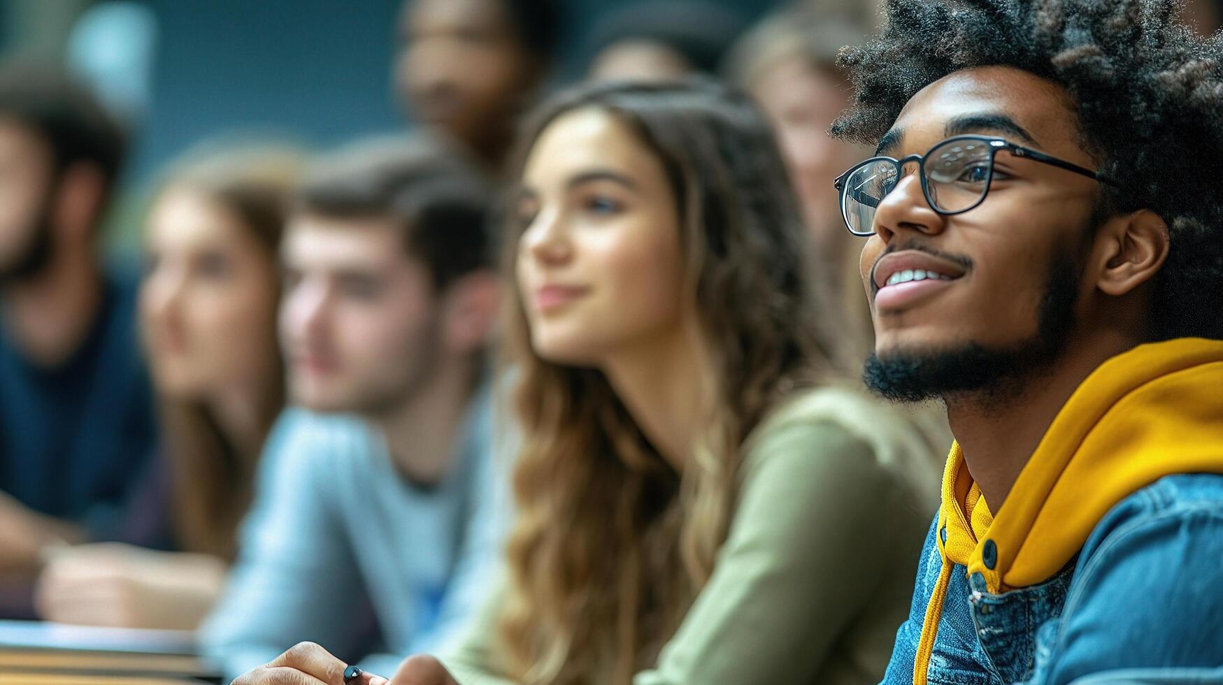 A group of students are sitting in a classroom photo