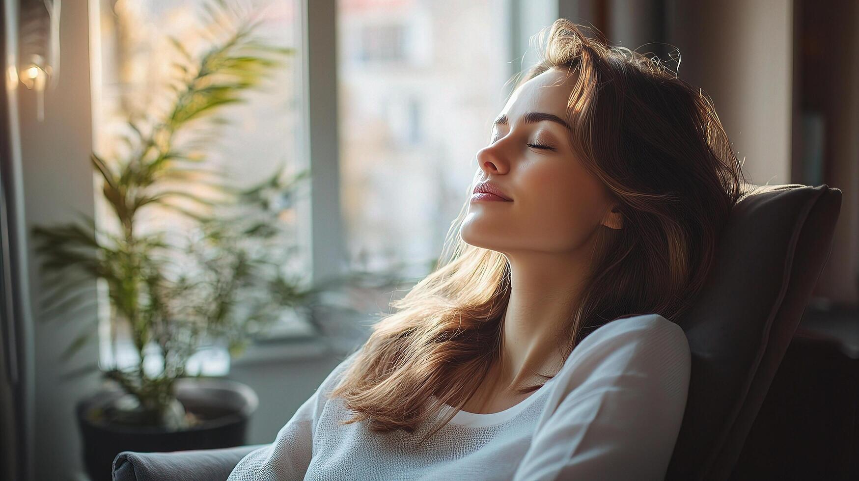 A woman is relaxing in front of a window photo