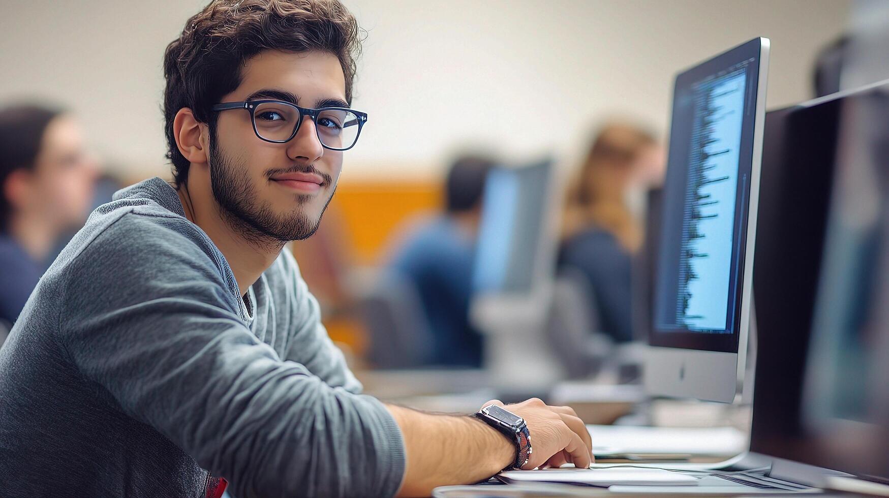 A man in glasses is sitting in front of a computer photo
