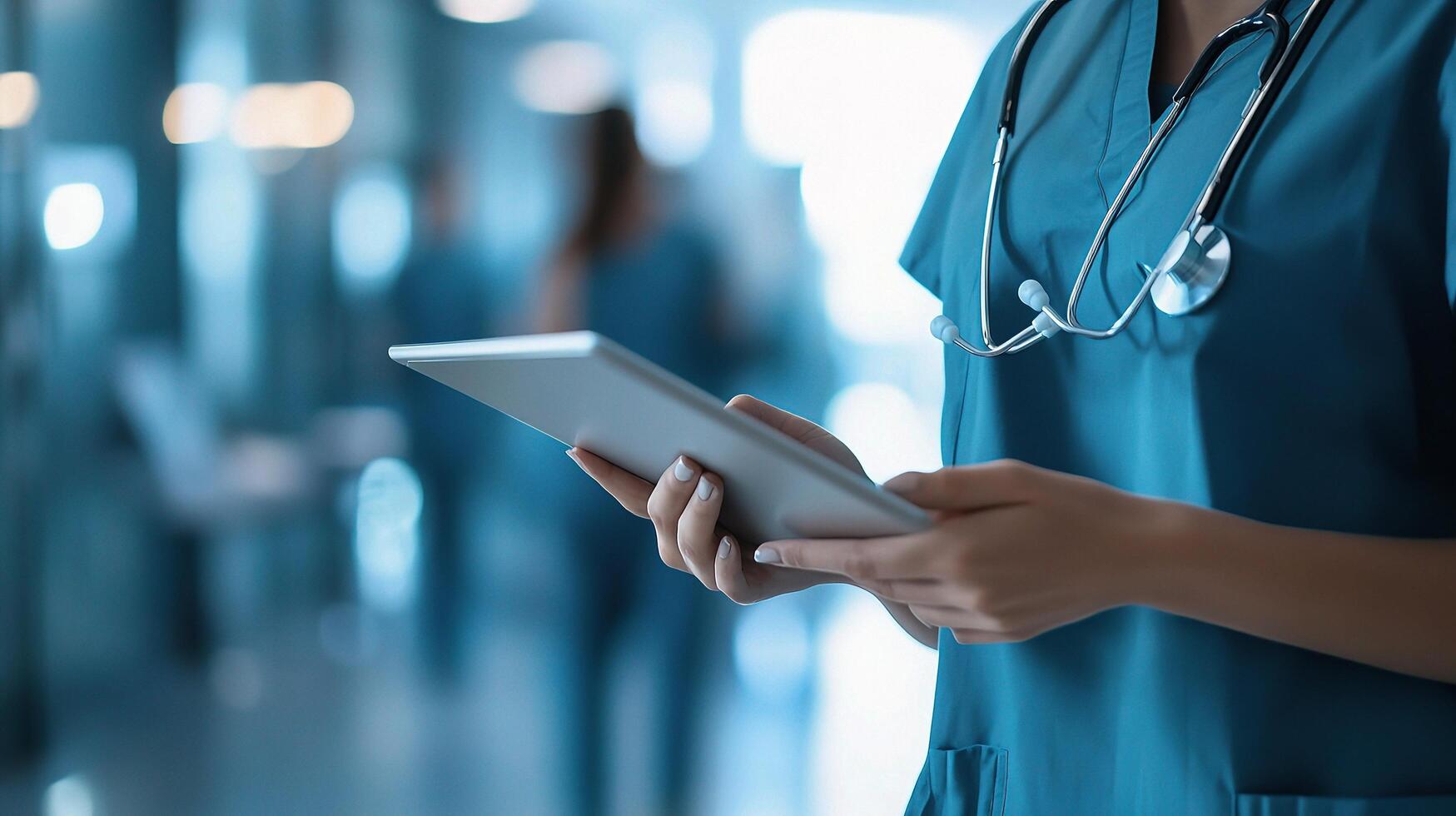 A nurse in blue scrubs holding a tablet computer photo