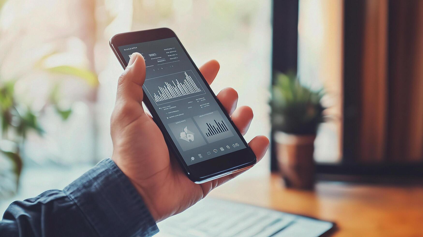 Man holding smartphone with graph on screen photo