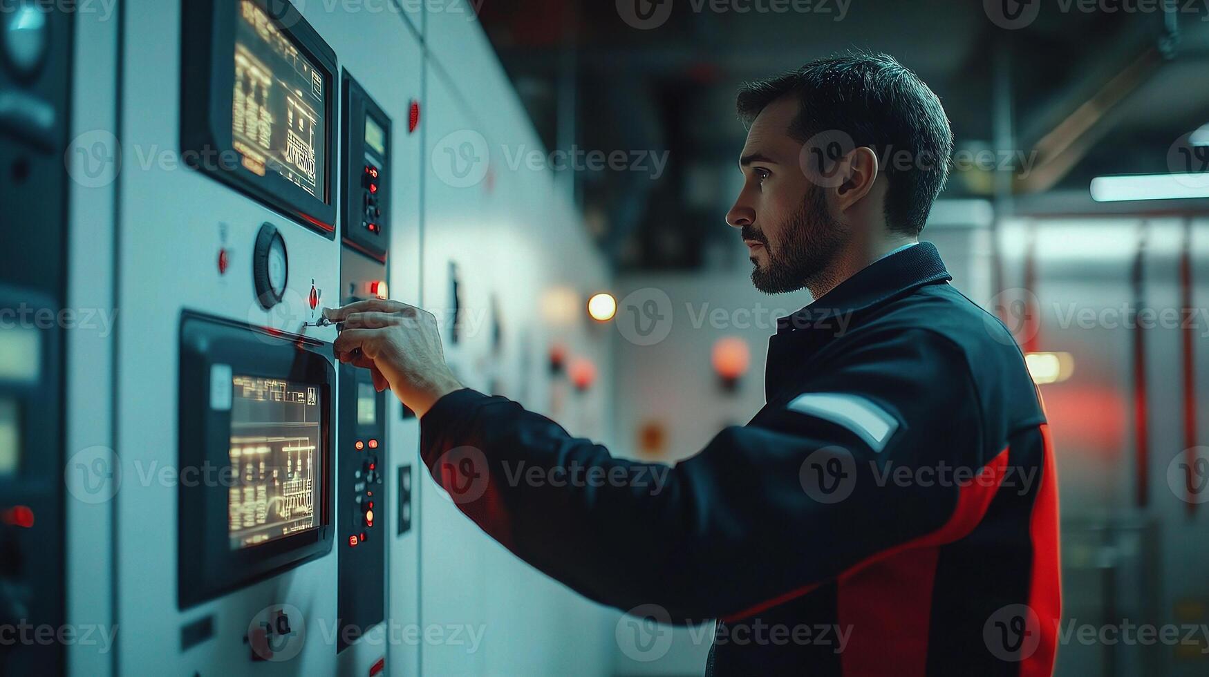 A man in a red jacket is standing in front of a control panel photo