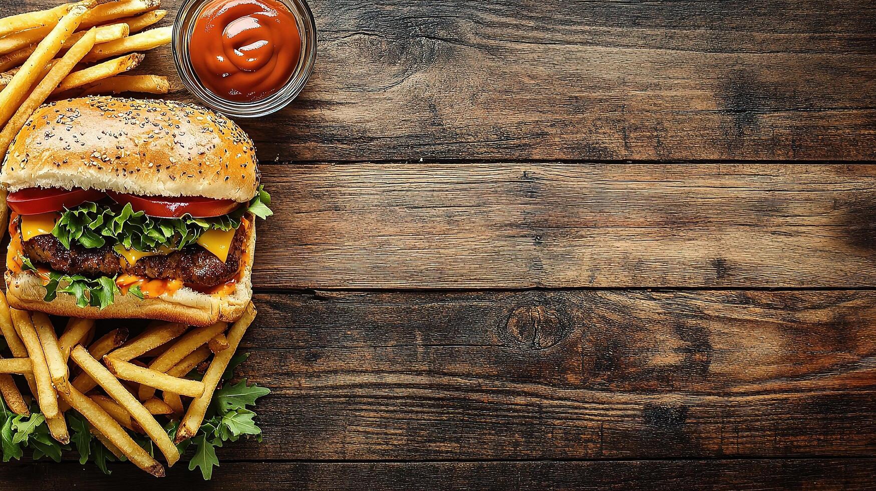 Delicious Club Sandwich with French Fries on Wooden Table Scene photo