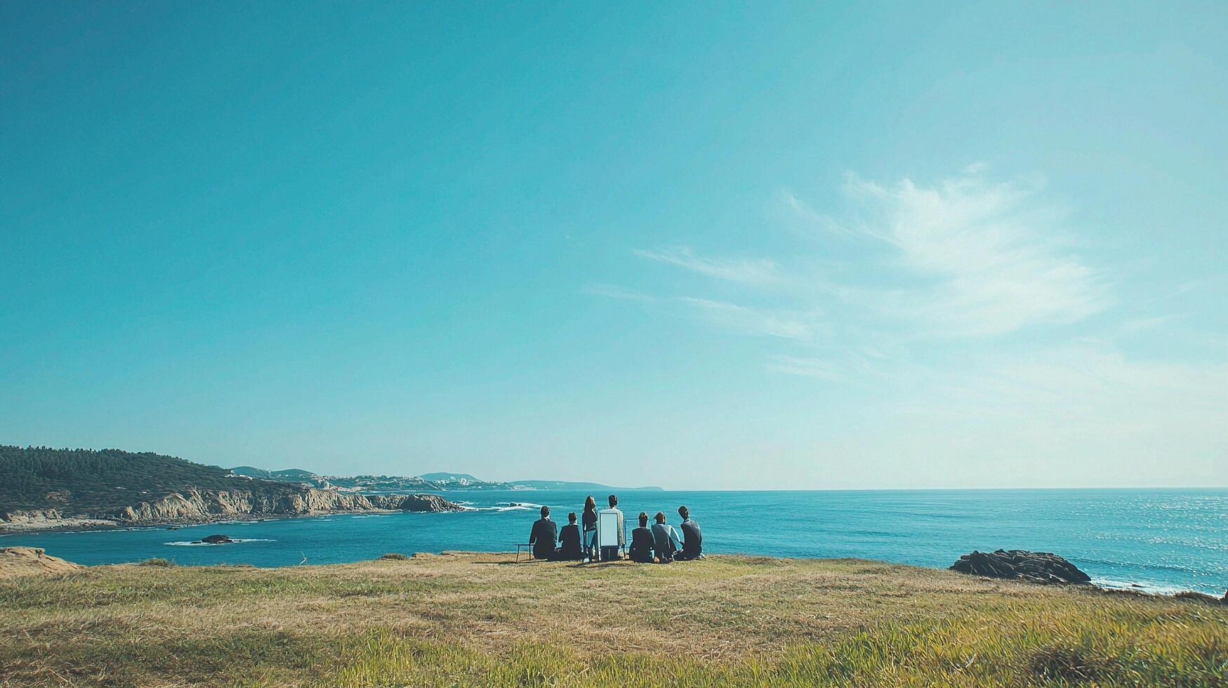 Brainstorming Session by the Ocean with a Business Team Outdoors photo