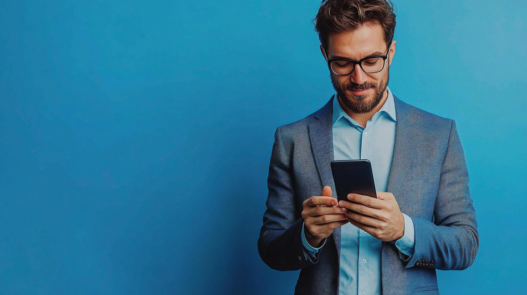 Businessman Using Smartphone in Front of Blue Background photo