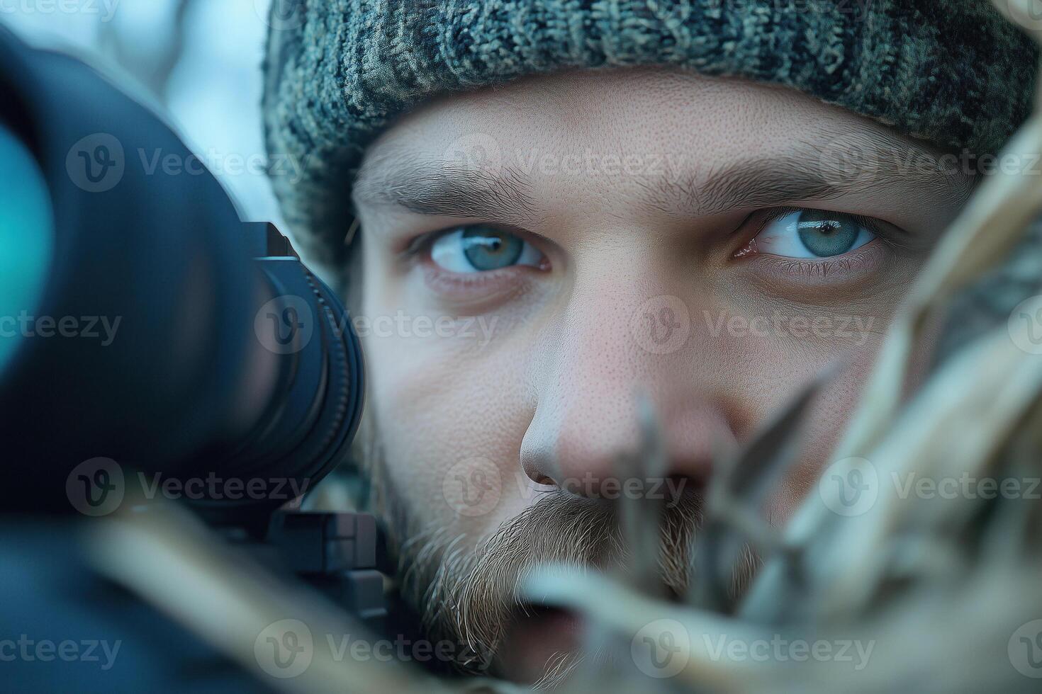 portrait of a man in camouflage with an optical sight in his hands photo