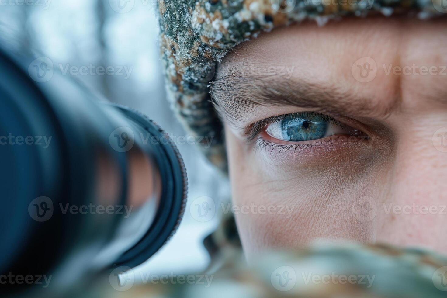 Close up portrait of a man with a sniper riffle in the winter forest photo
