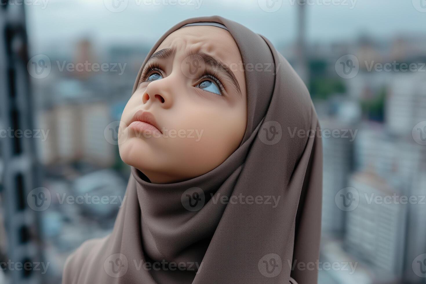 Portrait of a sad muslim girl with hijab looking at the sky in the city photo