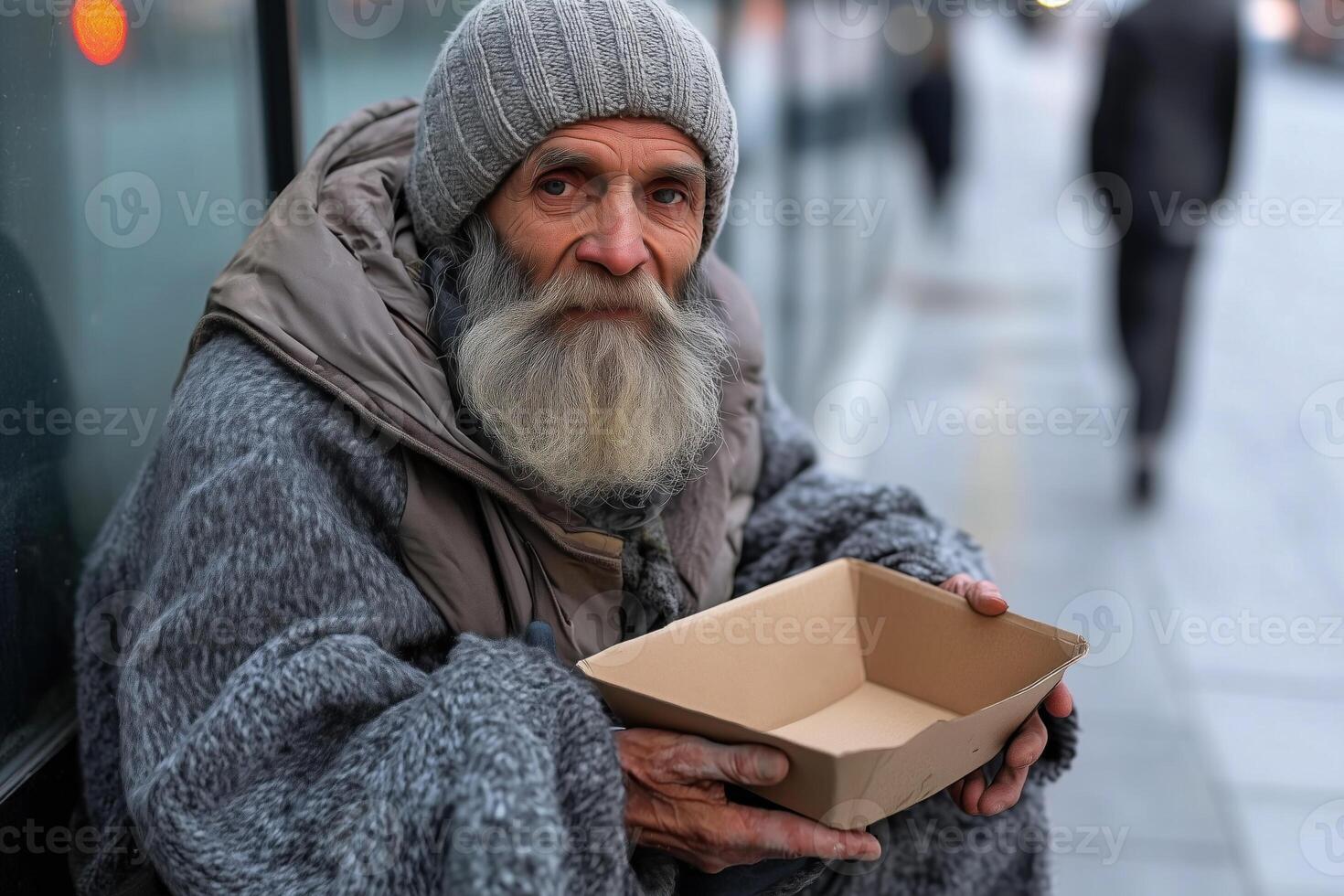 houseless man with a begging box on the street photo