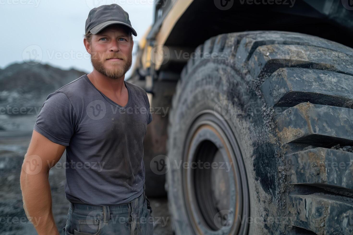 driver stands near the wheel of a huge industrial vehicle photo
