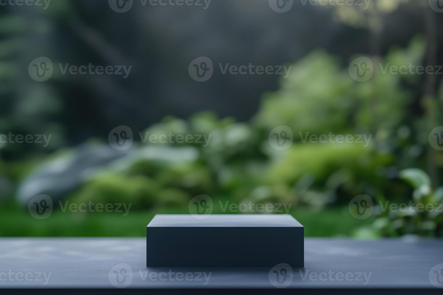 black product display podium with blurred nature background photo