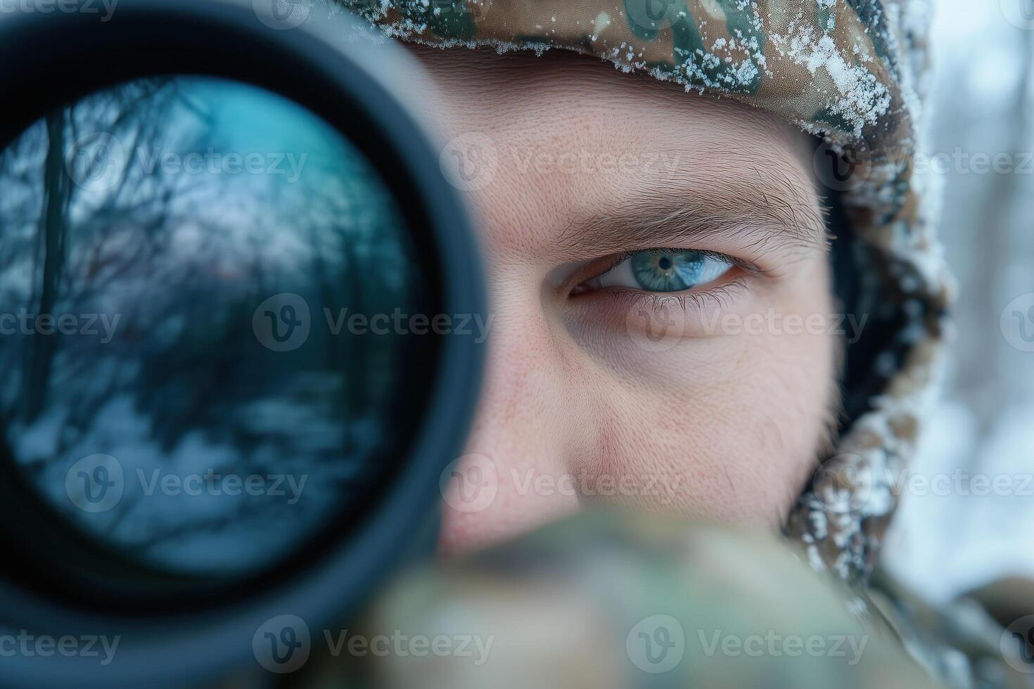 Young man in camouflage looking in optical sight in the winter forest. photo