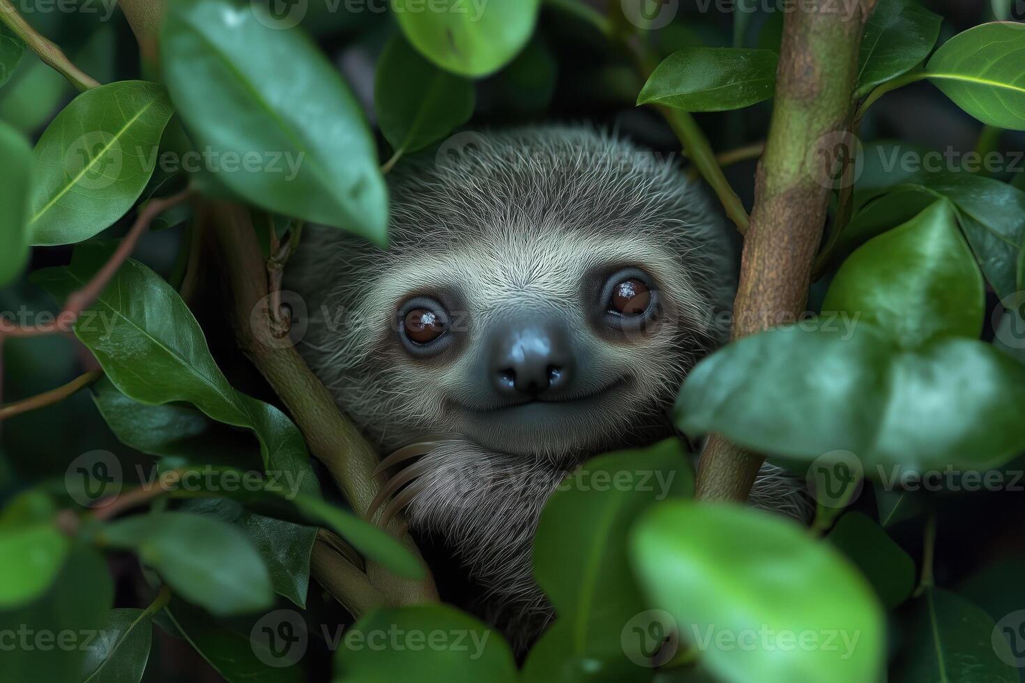 Cute baby sloth on a tree in the jungle. photo