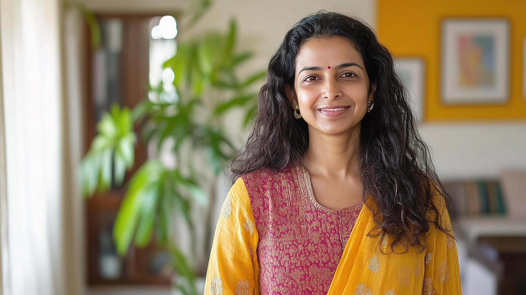 Cheerful Indian Woman Standing in Her Home Office Space photo
