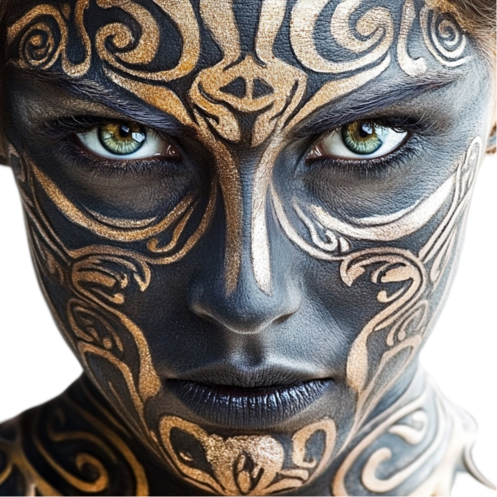 a woman with a face painted with gold and black a transparent background png