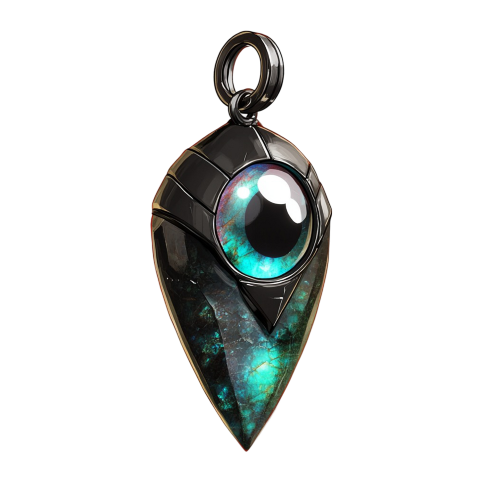 a black and green pendant with an eye on it on a transparent background png
