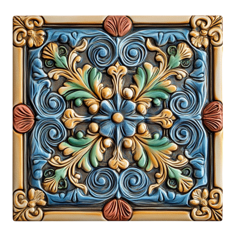 A close up of a decorative tile with a flower png