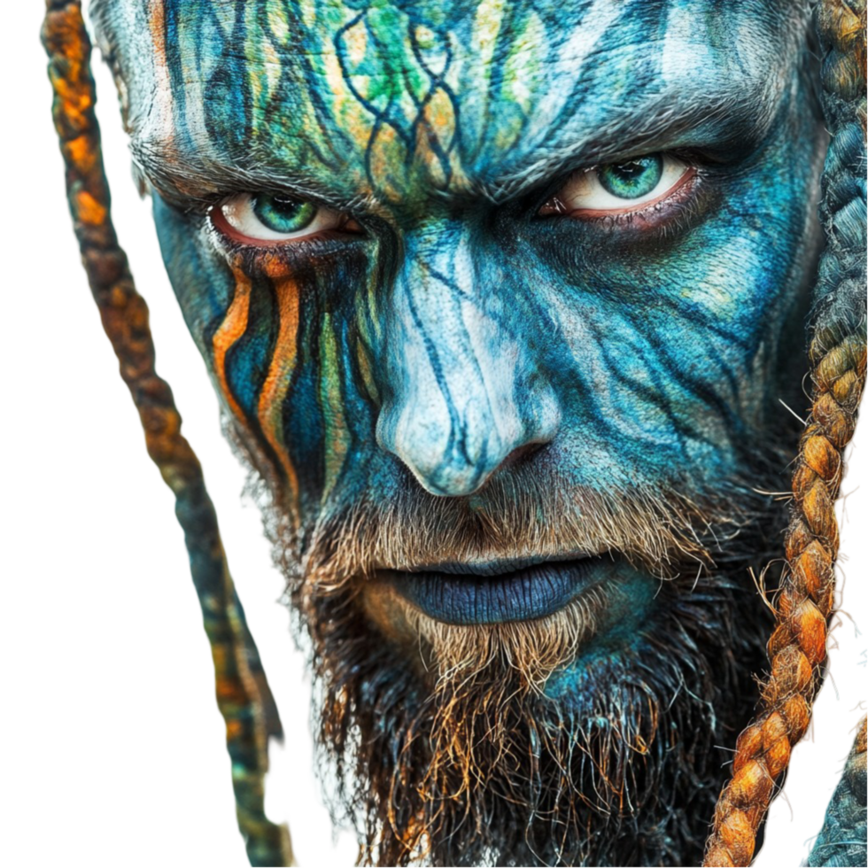 a man with blue and green paint on his face a transparent background png