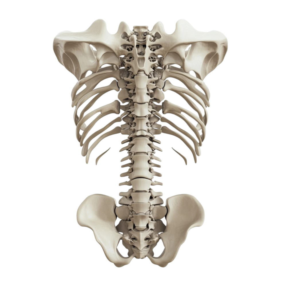 A human skeleton with a lower back and back facing the camera isolated on transparent background png