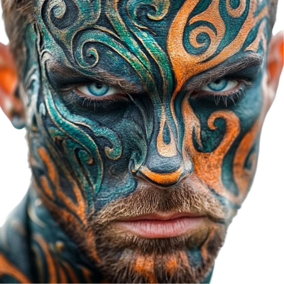 a man with a face painted with a colorful design isolated on transparent background png