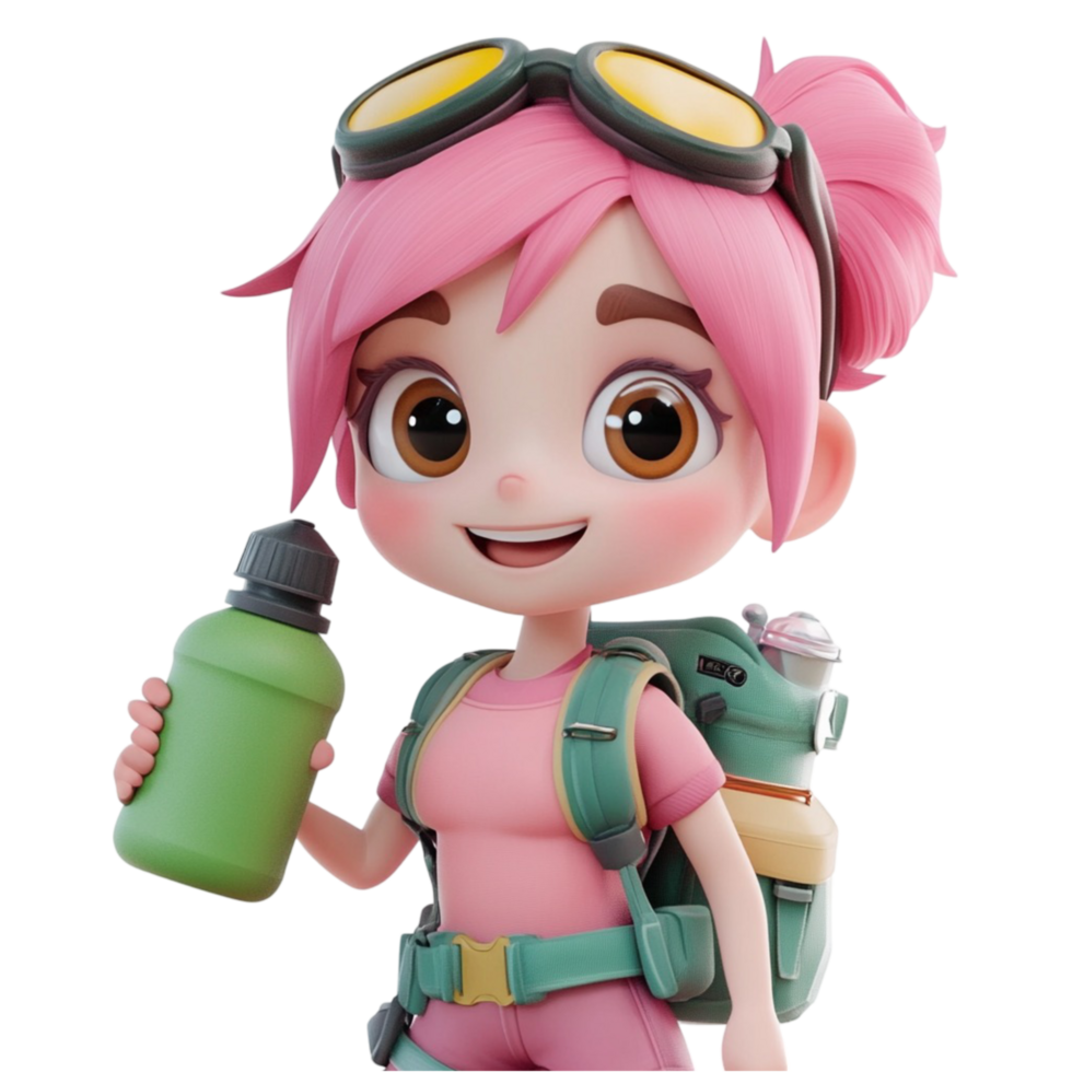 cartoon girl with backpack and water bottle on transparent background png