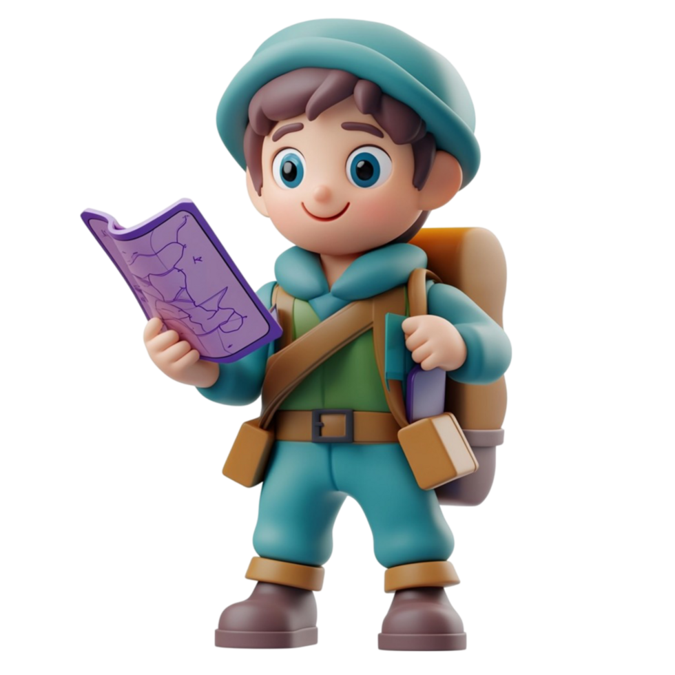 a cartoon boy with a map and backpack on Transparent Background png