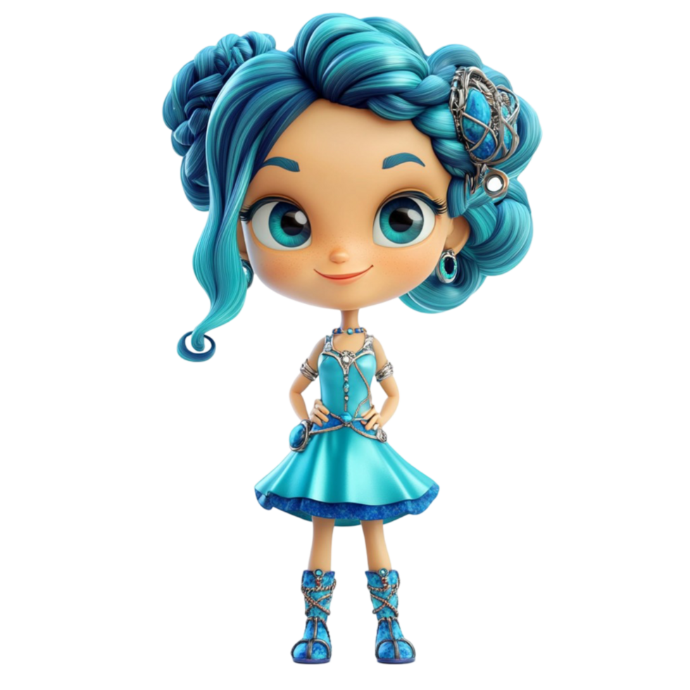 cartoon girl with blue hair and blue dress on transparent background png