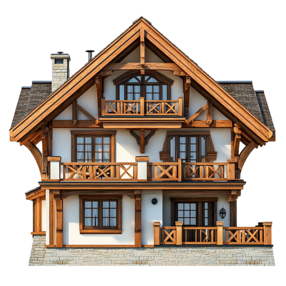 A wooden log cabin with a log cabin on the front Isolated Transparent Background png
