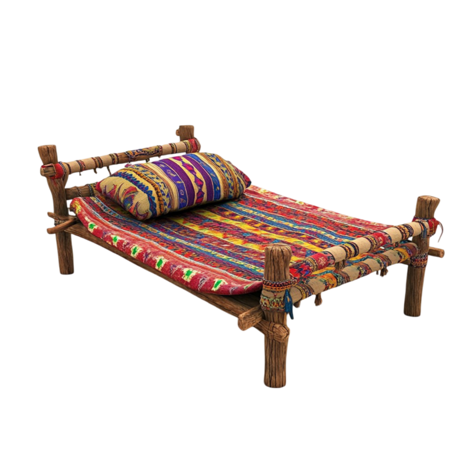 A finely woven Indian charpai traditional bed showcasing intricate craftsmanship s isolated on transparent background png