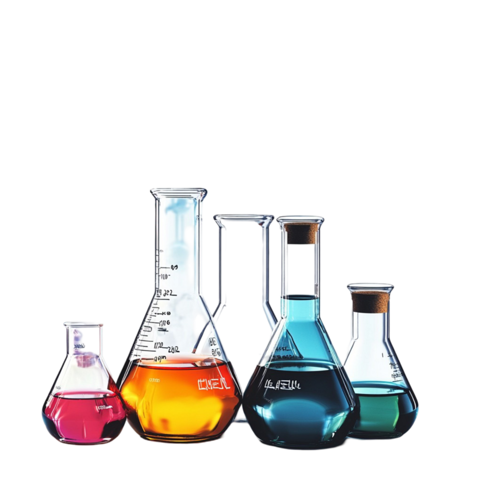 Different laboratory glassware with color liquid and with reflection isolated on Transparent Background png