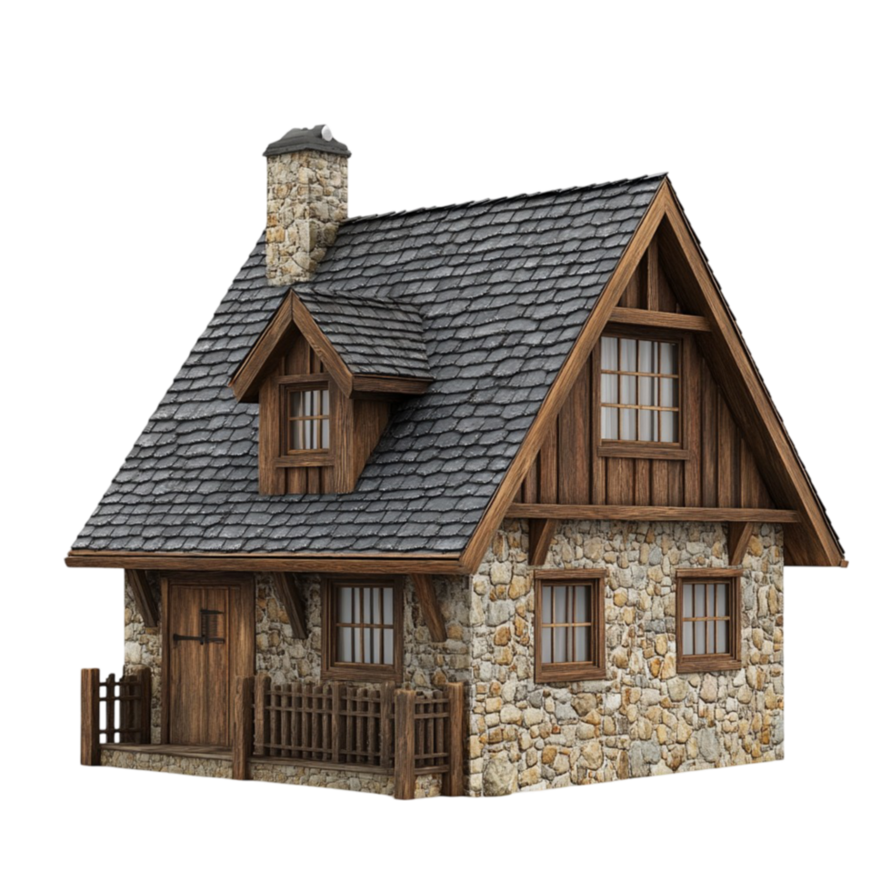Stone And Timber Cottage With Porch And Chimney Isolated on transparent background png