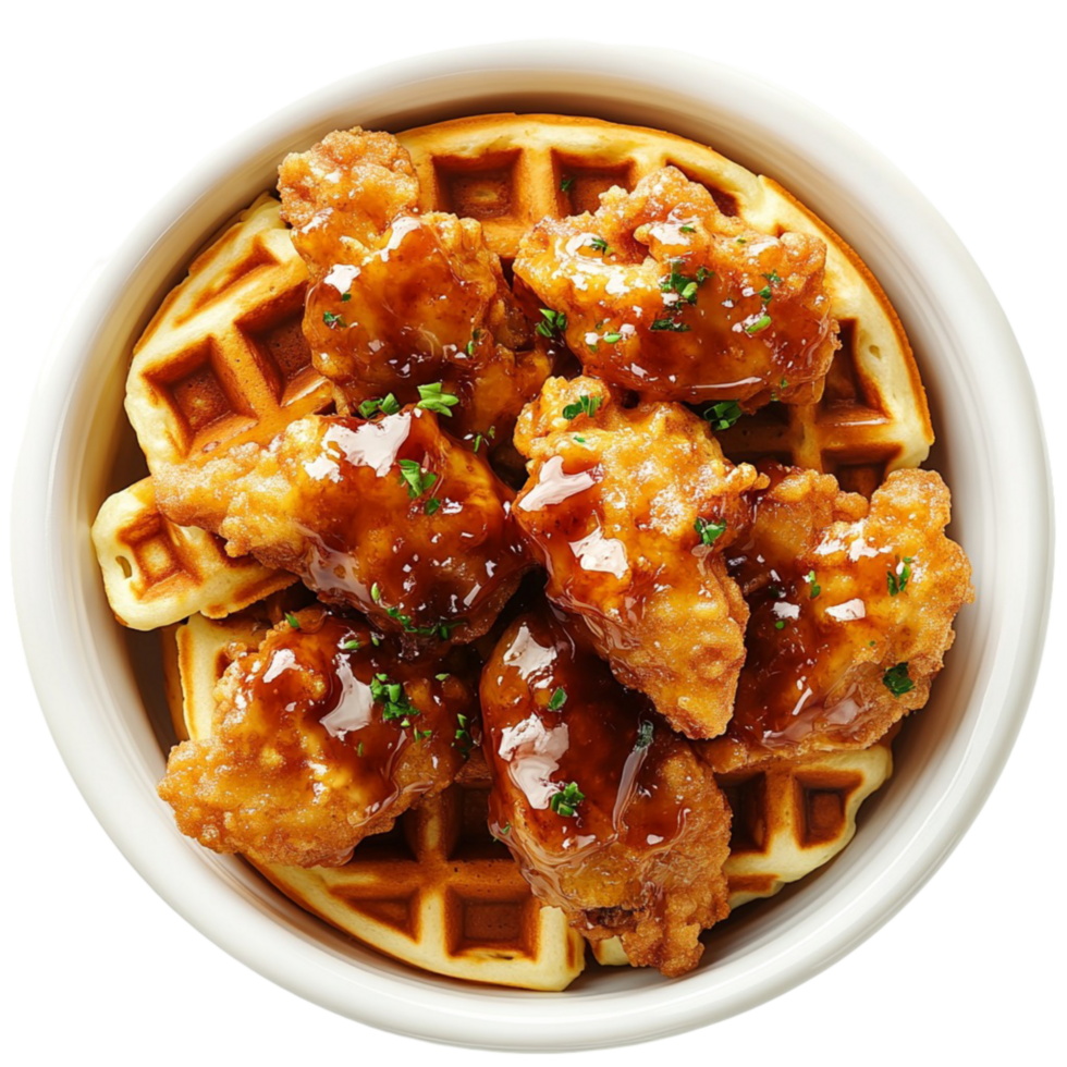 Fried chicken waffle with honey or maple syrup isolated on transparent background png