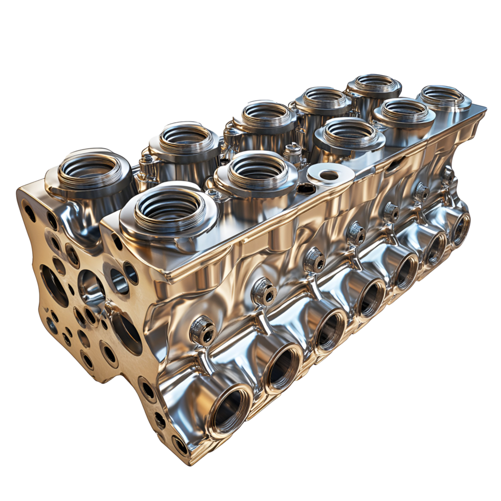 A polished engine cylinder head designed for efficient airflow and engine isolated on transparent background png