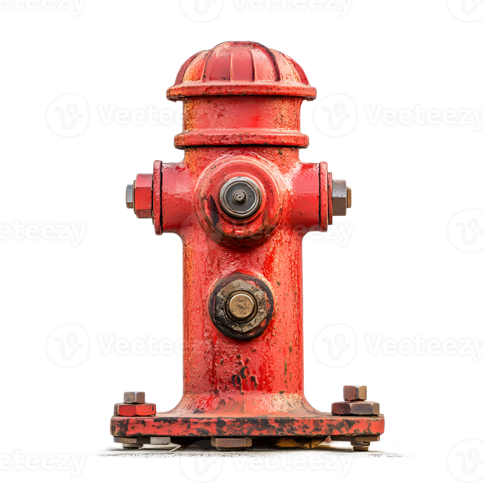 Vintage Red Fire Hydrant on Gritty Urban Street Scene with Rusty Textured Metallic Exterior png
