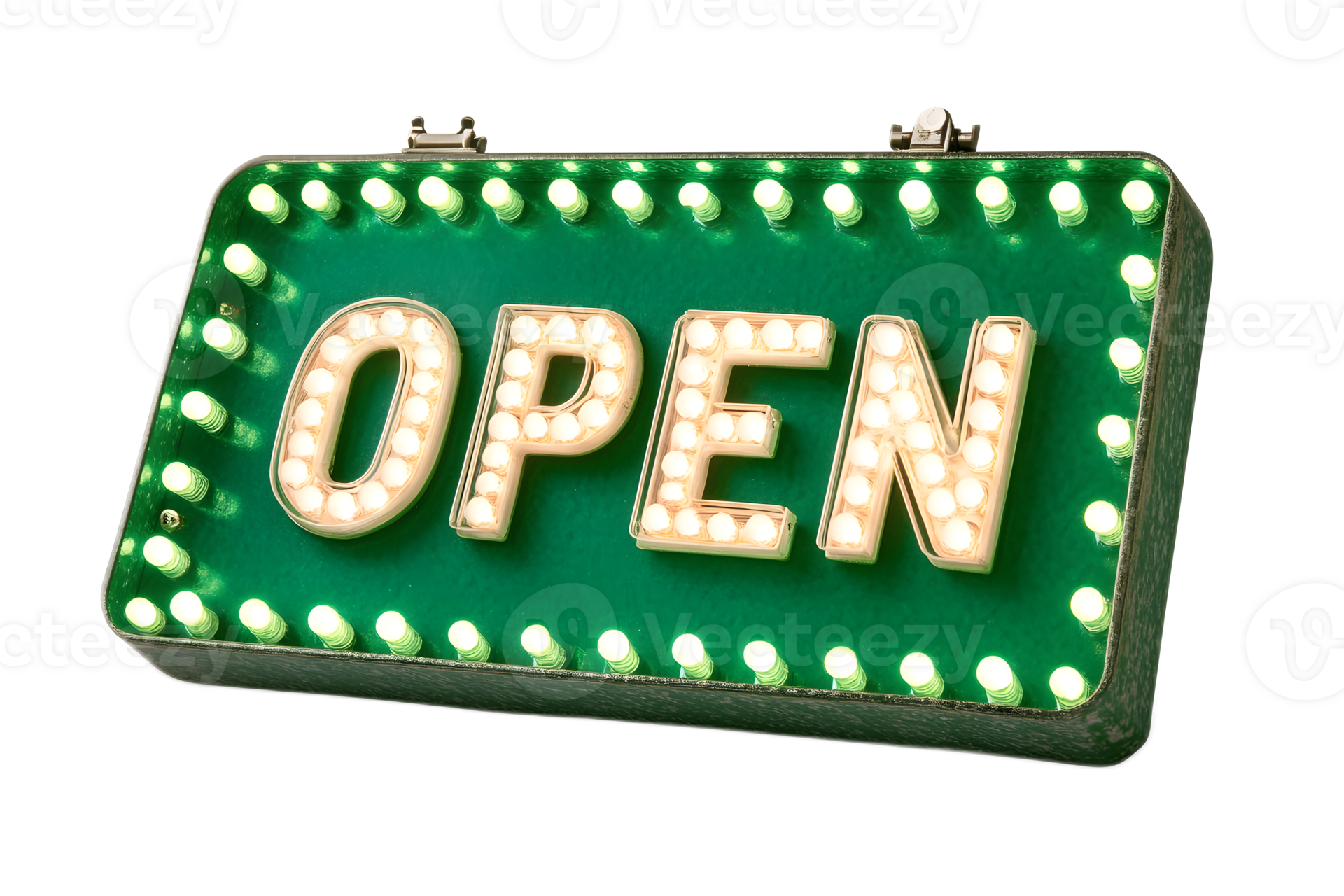Glowing green led open sign for business retail store or commercial