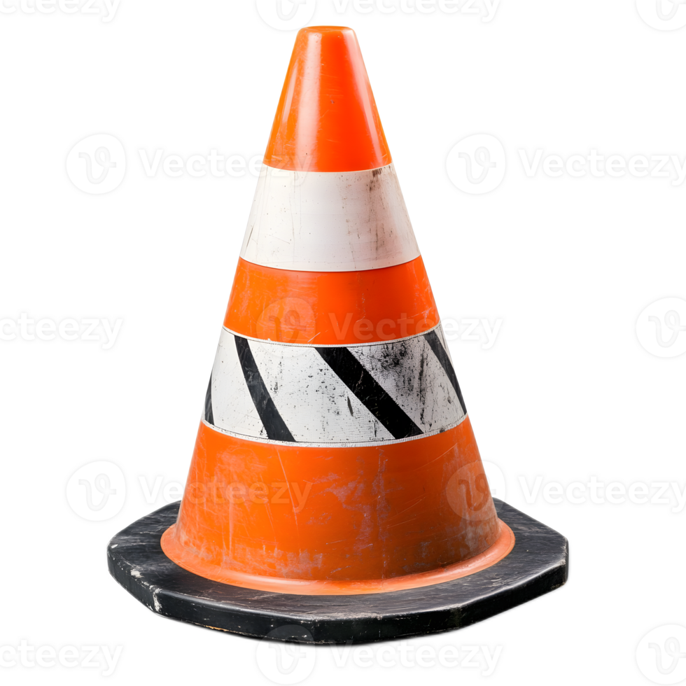 Bright Orange and White Striped Traffic Cone on Asphalt Surface png