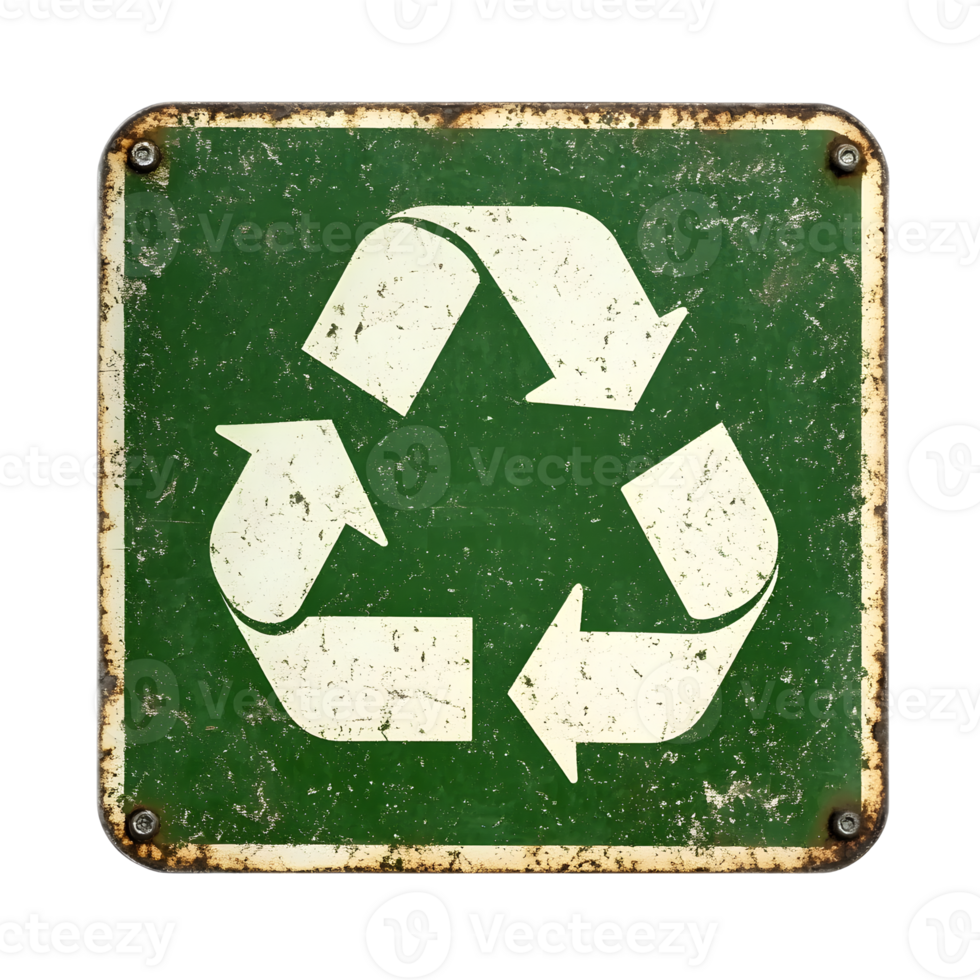 Vintage Green Recycling Symbol on Weathered Metal Sign Promoting Eco Friendly Practices and Circular Economy png
