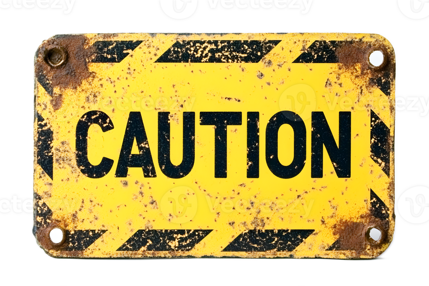 Weathered Caution Warning Sign on Rusty Metal Surface png