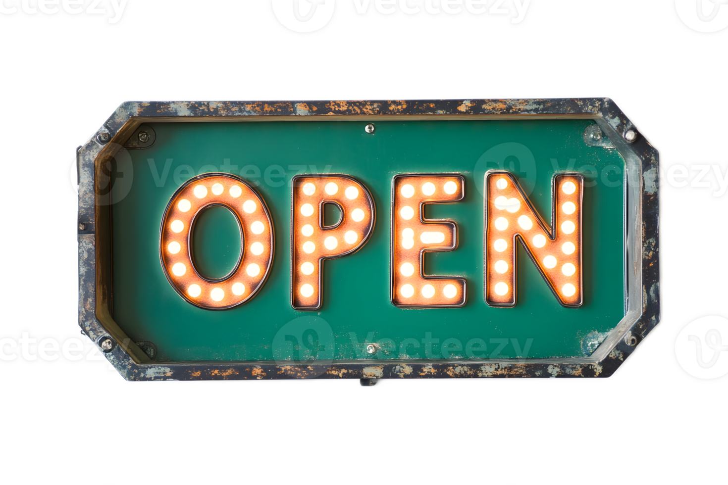 Glowing Vintage Green LED Open Sign in Rustic Metal Framed Display png