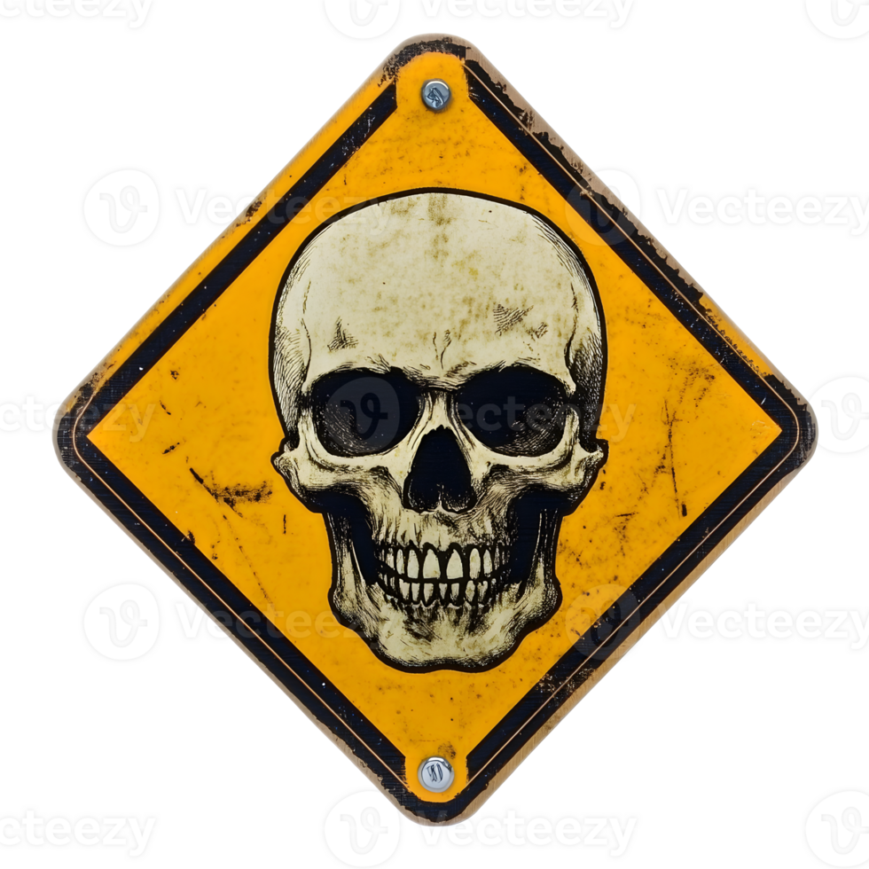 Vintage Distressed Toxic Warning Sign with Grungy Skull Graphic Depicting Dangerous Hazardous Environment png