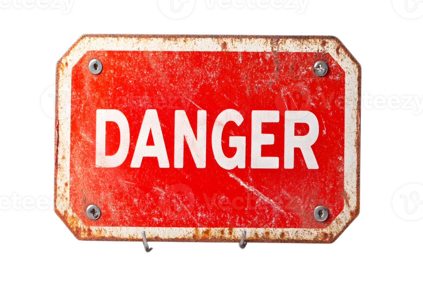 Weathered Red Danger Warning Sign with Metal Grunge Surface Alerting Attention to Crucial Safety Hazard png