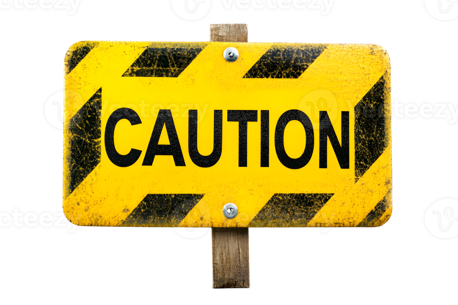 Caution Warning Sign with Black and Yellow Hazard Graphic on Wooden Post png