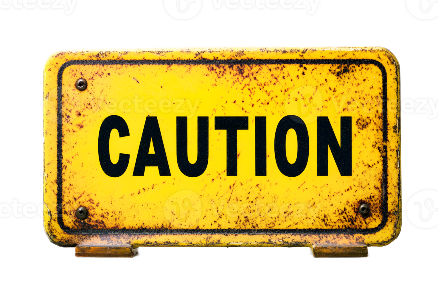 Vintage Rusty Yellow Caution Warning Sign on Textured Metal Surface png