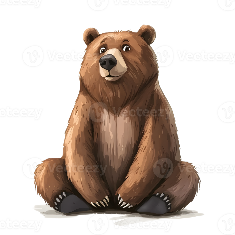 Cute Illustrated Brown Bear Sitting in Forest Wilderness png