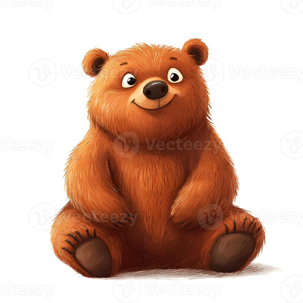 Adorable Smiling Cartoon Bear Plush Toy Sitting in Cozy Nursery Setting png
